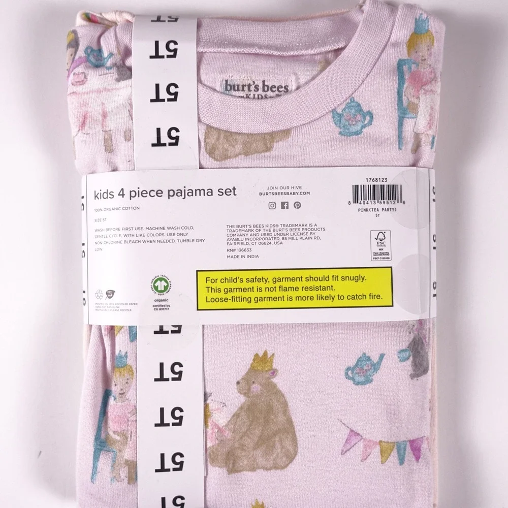 Burts Bees Kids 5T 4-Piece Pajama Set 100% Organic Cotton Pink Tea Party Unicorn